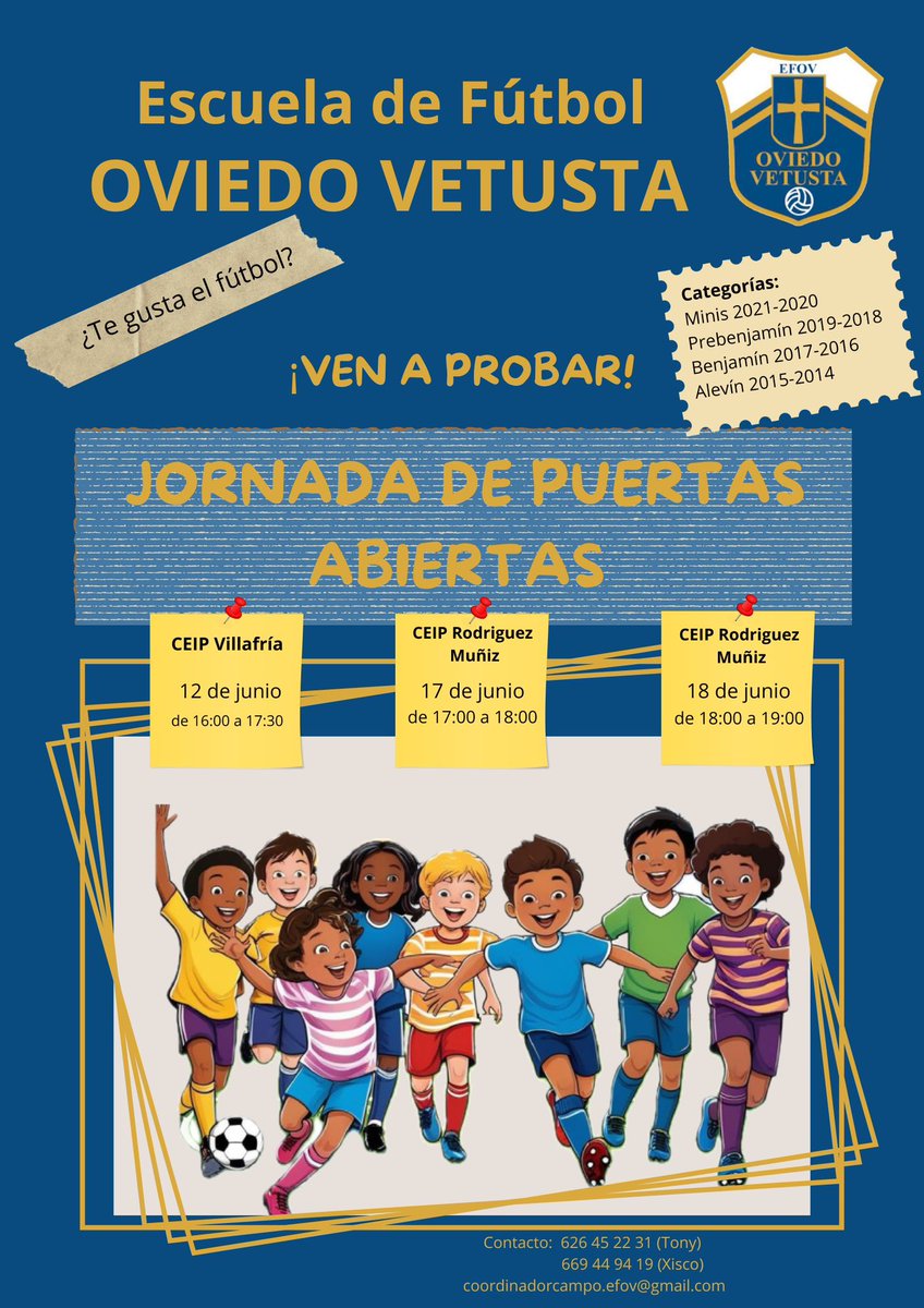 ¿Quieres que tus hijos se diviertan haciendo deporte? ¿Que aprendan los valores que un juego en equipo le puede ofrecer? ¡¡¡QUÉ PRUEBEN EL FÚTBOL!!! Esta semana, la #EFOviedoVetusta estará en el  #CEIPVillafría y la próxima, en el #CEIPRodríguezMuñiz (Las Campas).