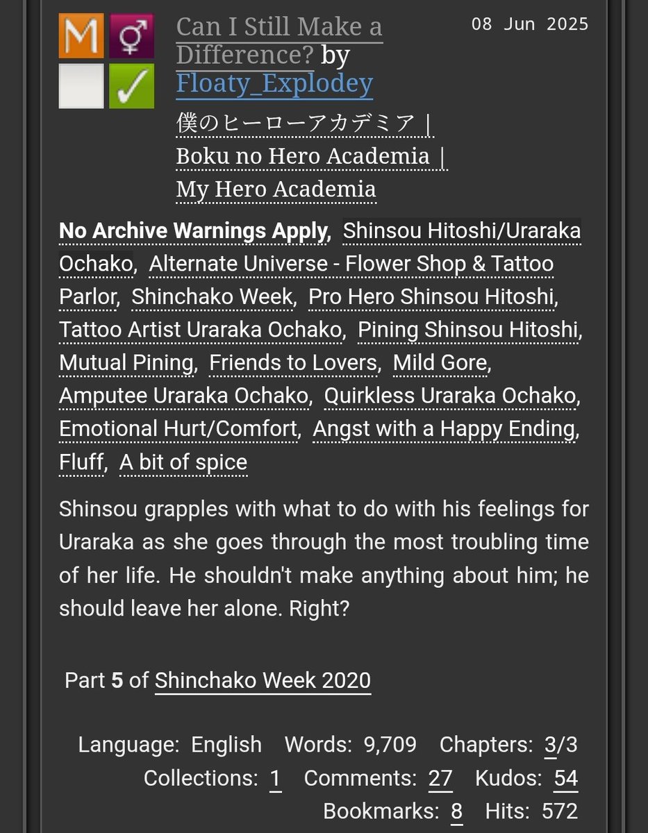 FloatyExplodey's tweet image. Once upon a time(back in 2020 🤡), I started a #shinchako fic with traumatized-quirkless-ex-hero-turned-tattoo-artist Ochako and hero-whose-parents-own-the-flower-shop-next-door Hitoshi... IT&apos;S FINALLY DONEEE

Here ya go 🥰
archiveofourown.org/works/28036809