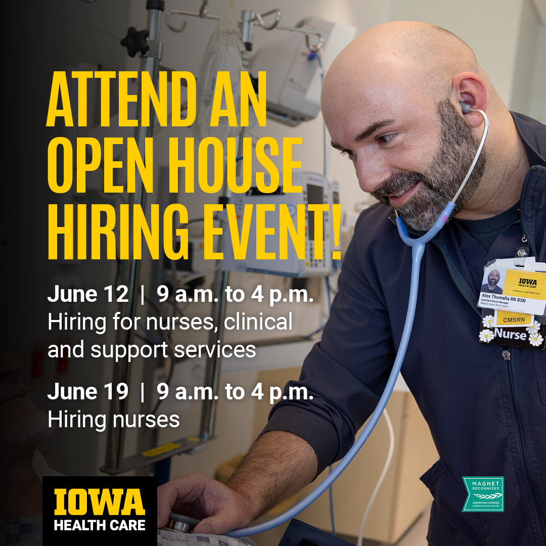 Just 4️⃣ days until our first open house hiring event in June! See how you can join Iowa’s top health system in changing medicine and changing lives. uihc.pulse.ly/kwppq7w8h6