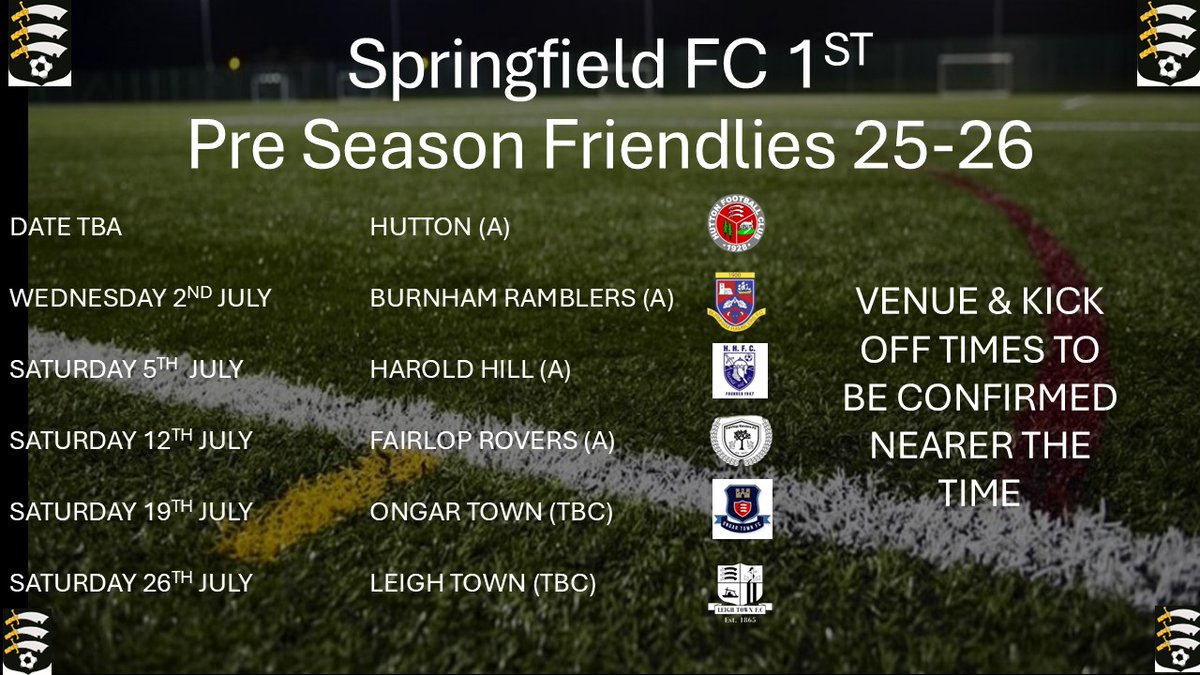 <a href="/LeighTownFC_/">Leigh Town FC</a> <a href="/huttonfc/">huttonfc</a> <a href="/Haroldhillfc/">Harold Hill Football Club</a> <a href="/FairlopRoversFC/">Fairlop Rovers FC</a> <a href="/ongar_townfc/">Ongar Town FC</a> <a href="/BurnhamRamFC/">Burnham Ramblers FC</a> 

Cant wait to get started