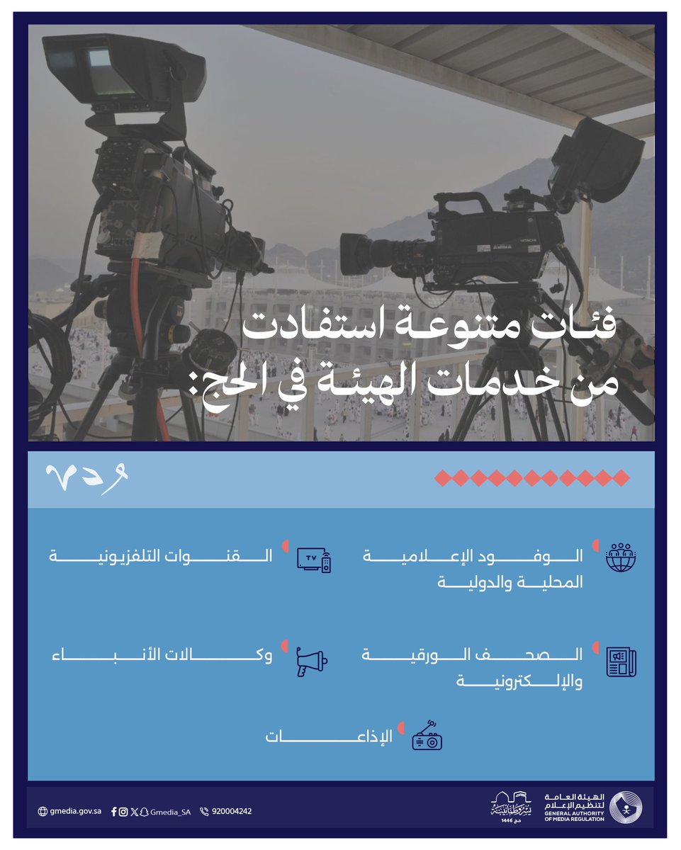 تشرّفنا بخدمة وتسهيل مهام كافة الجهات المعنيّة بالعمل الإعلامي في المشاعر المقدسة خلال موسم #حج_1446هـ .

الهيئة العامة لـ #تنظيم_الإعلام