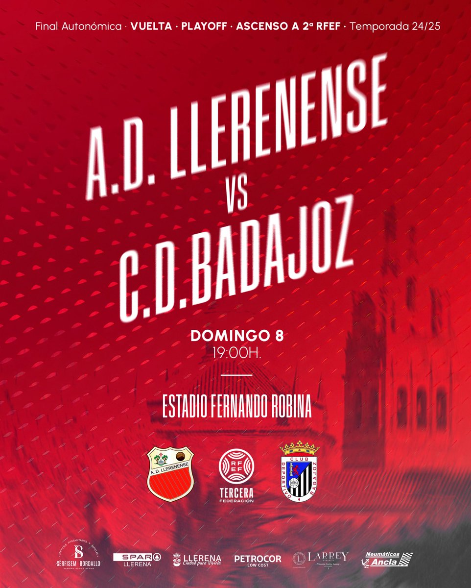DÍA DE 𝙋𝘼𝙍𝙏𝙄𝘿𝙊! 🤍❤️

💪🏼 ¡VAMOS CON TODO!💥 

⚽️ <a href="/adllerenenseof/">A.D. LLERENENSE</a> - <a href="/CDBadajoz/">CD Badajoz</a> 
⏱️ 19:00h.
🏟️ Estadio Fernando Robina
👨🏻‍⚖️ Azael López Jiménez 

📍Llerena ☀️35ºC

#LlerenenseBadajoz | #TerceraRFEF