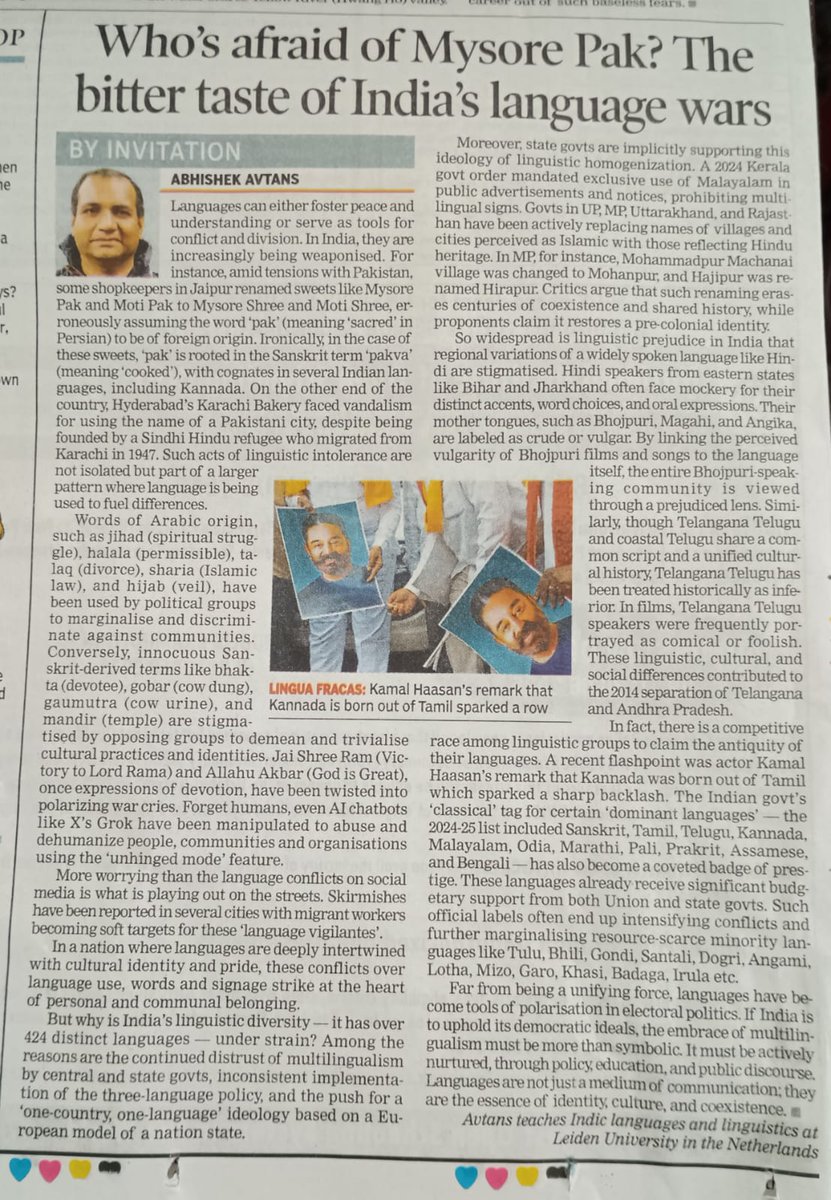 I have been thinking about this very critical issue of weaponization of Indian languages for some time. And finally wrote something on this in today's Times of India (Sunday 8th June 2025). Do read if you have some time.