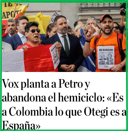 NNonada's tweet photo. Correcto:
Vox abandonando el congreso y el #CucaPP con FeijóoL a la cabeza aplaudiendo a Petro puestos en pie.
Abascal en el exterior con colombianos tras abandonar el Congreso.
Diferencias
.