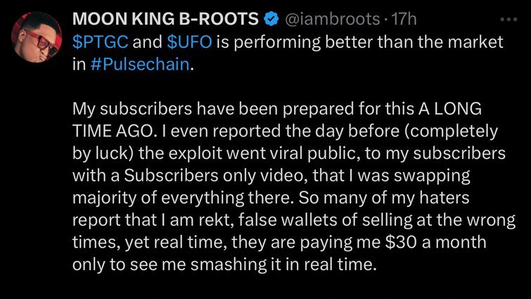 SotaChronicles's tweet photo. ‼️MAJOR  WARNING ON PulseChain!

After iamBroots grifted from promoting the scam pDAI, which is down 99% causing all of his subscribers, including himself, to lose all their money.

He and Ian Heinisch have decided to promote another coin called $pTGC at its local top, which is now down 80%. I warned all of my patrons this was going to happen, and it's a common theme from these two;  promote a coin at the top, then watch them lose all their money. 

He told you to buy $pDAI, TEDDYBEAR, #Blaster, $RIDE, $MSI, $LUSD, $Launch, and so many more on PulseChain. But as soon as they rug and you lose money, he stopped talking about them. They have a history of promoting pump and dumps or scams. What will his excuse be now that $PTGC is down 80% since his tweet?

Retweet and leave a like if you're tired of these two scammers, what other coins has iamBroots rekt his followers in?