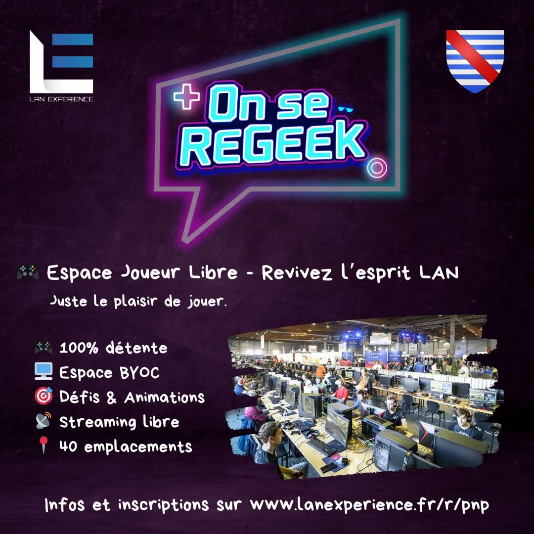 Lan_Experience's tweet photo. 🎮 Juste le plaisir de jouer, au cœur de l'événement On se ReGeek.

Envie de retrouver l’ambiance des LANs d’antan, sans compétition, sans pression ?
L’espace Joueur Libre, c’est 40 emplacements pour vivre (ou revivre) l’expérience LAN dans sa forme la plus simple et la plus fun. https://t.co/G4Z7BYiOGs