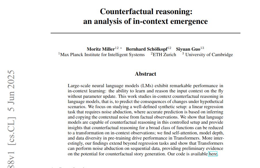 Large language models lack reliable "what if" reasoning abilities.

This paper studies in-context counterfactual reasoning by training models on controlled synthetic tasks.

Methods 🔧:

→ Requires inferring noise from factual data points.

→ Counterfactual reasoning acts as a