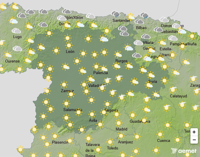 ¡Buenos días! Nueva jornada de cielos despejados en #CastillayLeón. Las temperaturas se mantienen sin cambios, con máximas que llegarán a los 31ºC en la provincia de Ávila y mínimas entre los 8ºC y los 13ºC.
¡Disfruta del domingo!