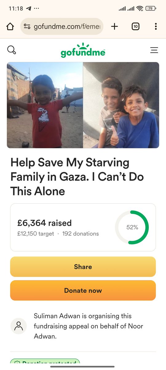 This family is living among the ruins of the war in Gaza, in a fragile tent, facing extremely harsh conditions due to soaring food prices and their struggle to meet basic needs 💔.
 I hope you can donate and share ❤️. gofund.me/7f69c31d