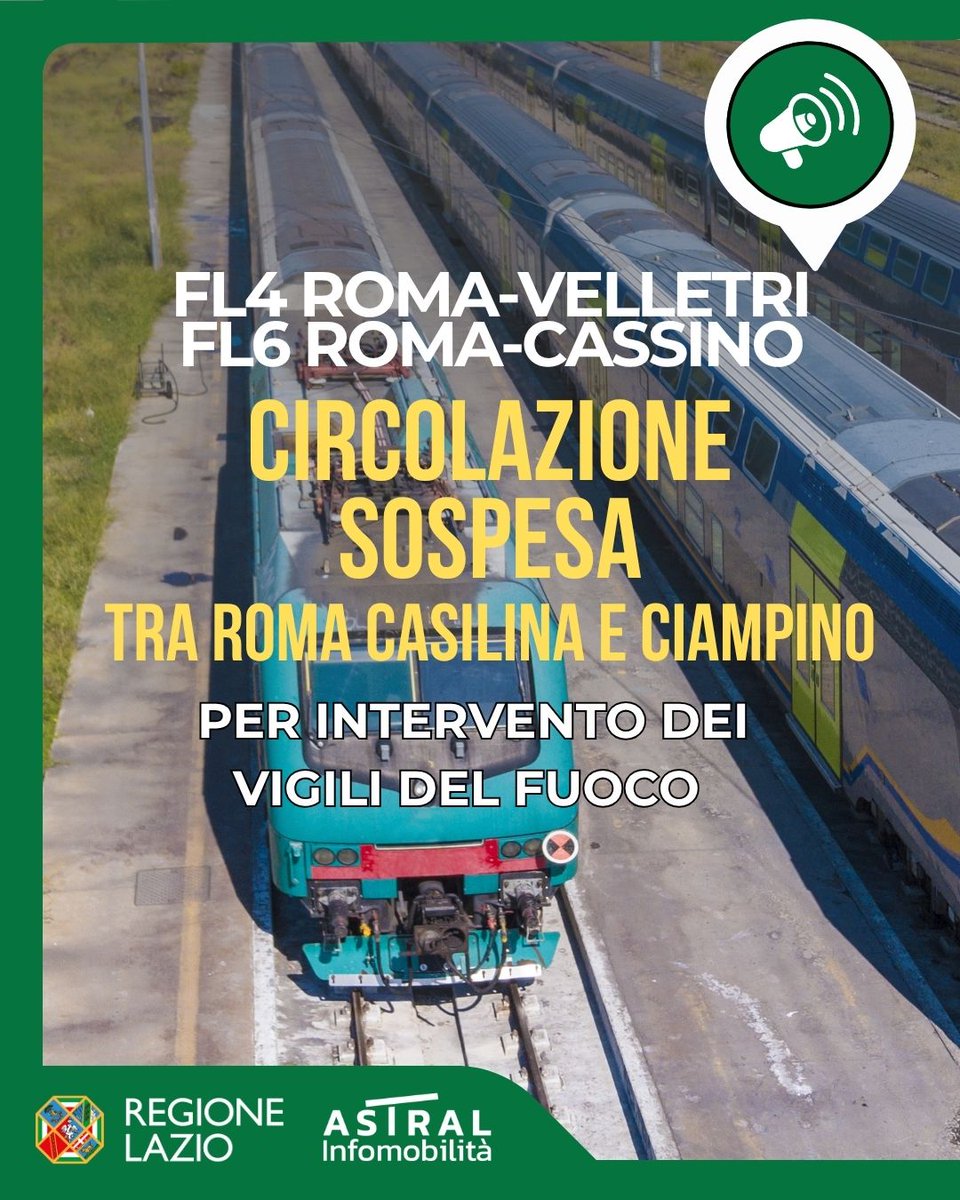 ❌🔥🚆 #FL4 #RomaVelletri #FL6 #RomaCassino

⚠️circolazione sospesa per intervento vigili del fuoco tra #RomaCasilina e #Ciampino 

🕑I treni Regionali registrano ritardi, limitazioni di percorso o cancellazioni

#pendolariLAZ