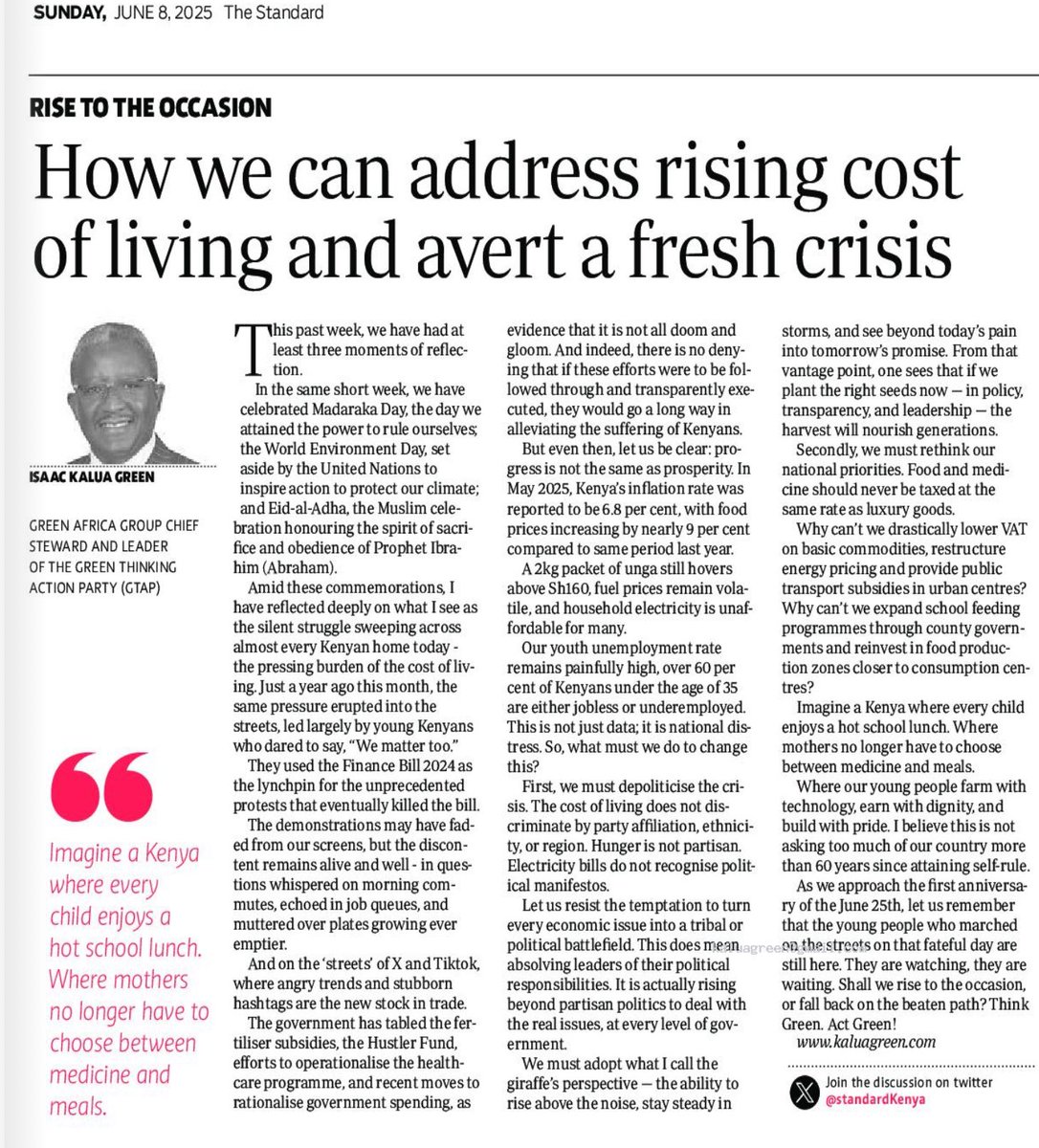 Why is the cost of living Kenya’s silent protest? Because empty plates speak louder than politics.
In this week’s Green Message, I reflect on what must be done, now!
Please Read &amp; share kaluagreen.com/why-we-must-ac…

#GreenMessage #KenyaRising #CostOfLiving #Leadership