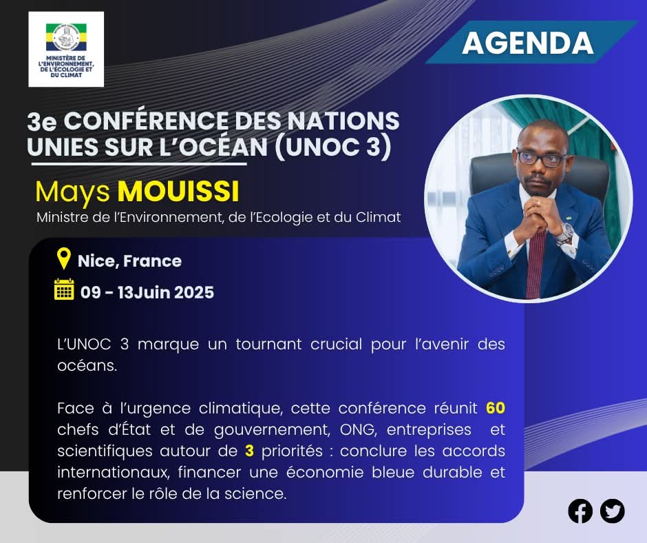Le #Gabon, pionnier en matière de préservation des écosystèmes marins, participera activement à la 3º Conférence des Nations Unies sur l'Océan (#UNOC3), qui se tiendra du 9 au 13 juin 2025 à Nice.