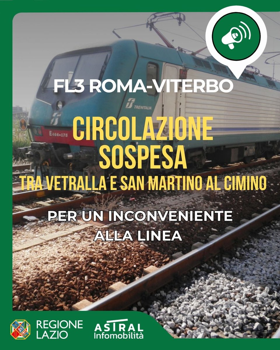 ❌🚆 #FL3 #RomaViterbo

⚠️circolazione sospesa per un inconveniente alla linea tra #Vetralla e #SanMartinoalCimino 

🕑I treni Regionali registrano ritardi, limitazioni di percorso o cancellazioni

#pendolariLAZ