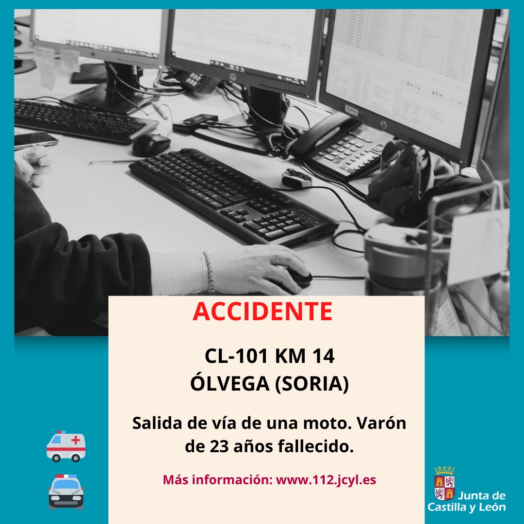 🚑 | Emergencias 112cyl | Accidente de moto en el kilómetro 14 de la Cl-101, en Ólvega #Soria. Ha fallecido un joven de 23 años.
#Accidente #moto #112cyl