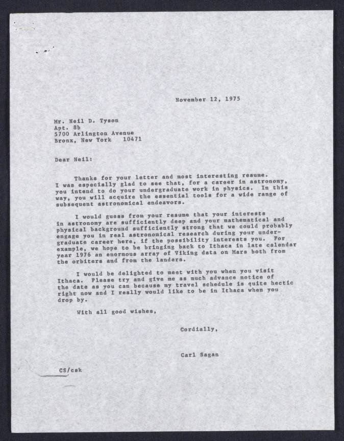 Carl Sagan's 1975 letter to 17 years old Neil deGrasse Tyson.