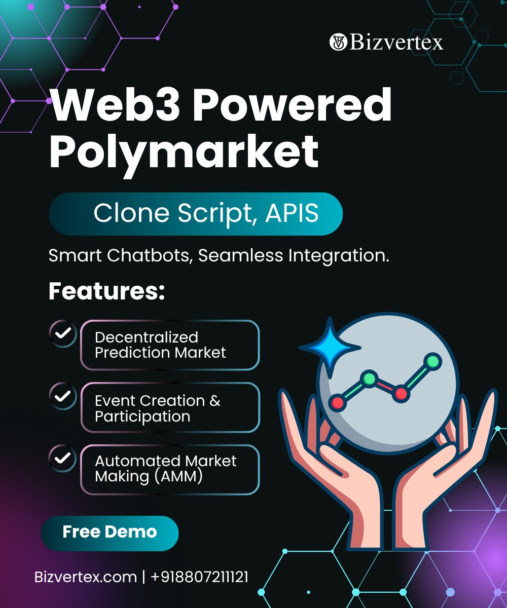 bizvertex's tweet image. 🚀 Entrepreneurs! #Predictionmarkets are the next big wave in Web3.

Launch your own #decentralizedpredictionplatform like #Polymarket with #Bizvertex’s powerful clone script.

Free demo - bizvertex.com/polymarket-clo…

#web3 #Web3Development #PolymarketAlternative #BlockchainStartup