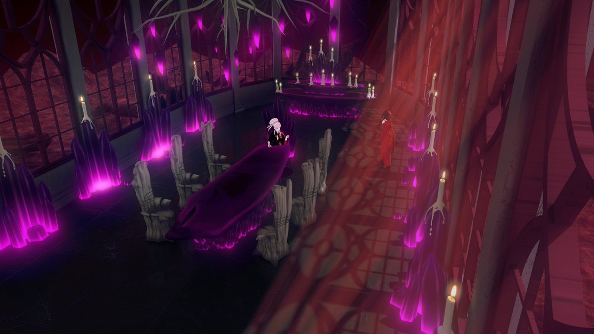 Remnant_Tales's tweet photo. I have always wondered why there are two extra chairs despite Salem’ cabal having only 4 members, the seats aren’t for Adam, Emerald or Mercury, so either there are two secret members we still don’t know, or it was simply the best set design/spacing for characters. #RAVY https://t.co/18ICC9Tpnc