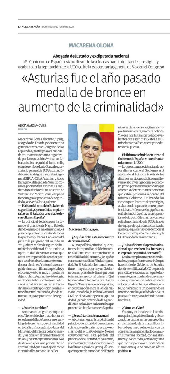 <a href="/Macarena_Olona/">Macarena Olona</a> ➤ Abogada del Estado y exdiputada nacional ayer en Oviedo en una mesa redonda organizada por la Asociación Avanzada en Libertad sobre la seguridad.

«Asturias tiene el deshonroso honor de tener la medalla de bronce en el ranking de incremento de criminalidad en