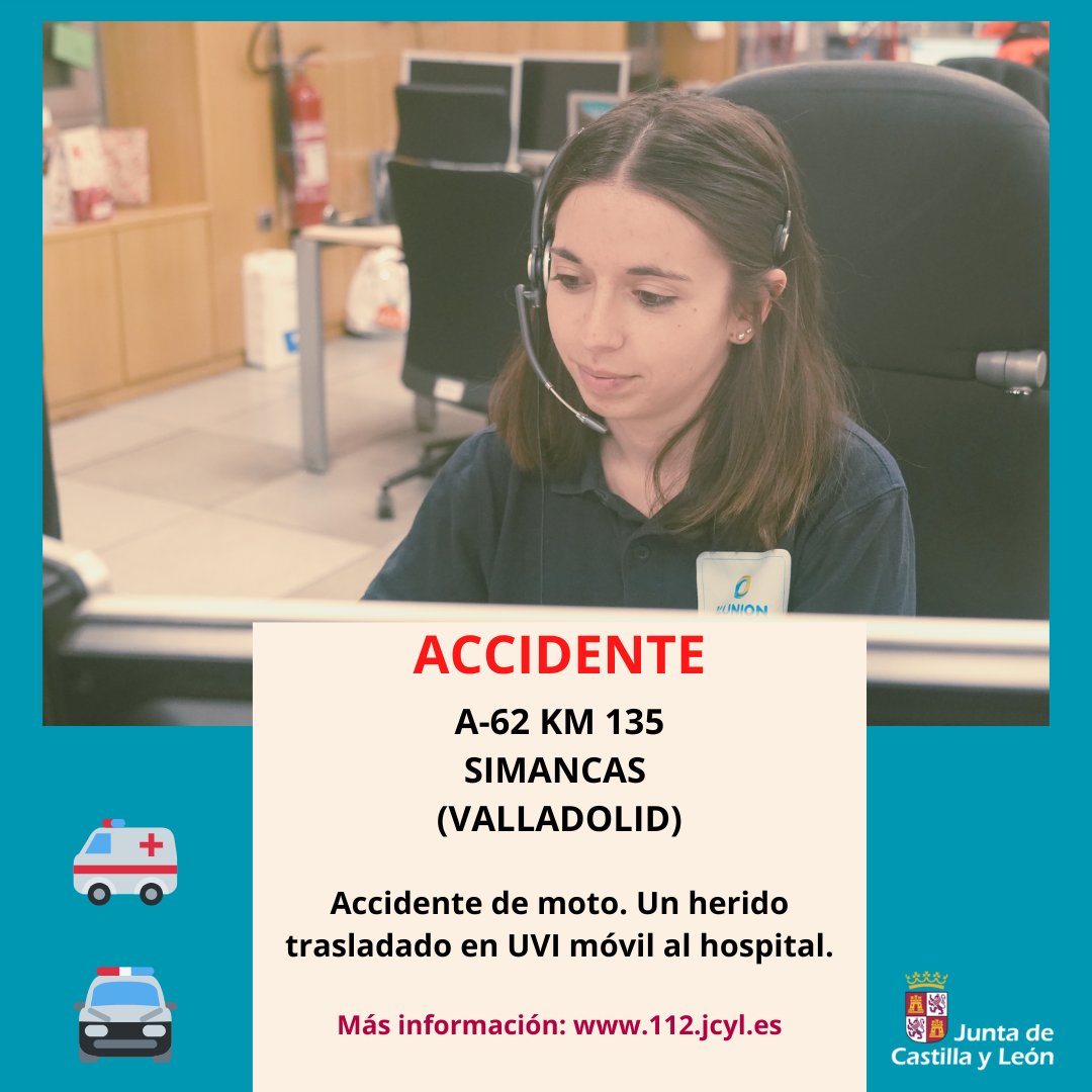 🚑 | Emergencias 112cyl | 07:56 horas. Accidente de moto en el kilómetro 135 de la A-62, en Simancas #Valladolid. Varón de 72 años trasladado en UVI móvil al Hospital Universitario Río Hortega de Valladolid.
#accidente #moto #112cyl