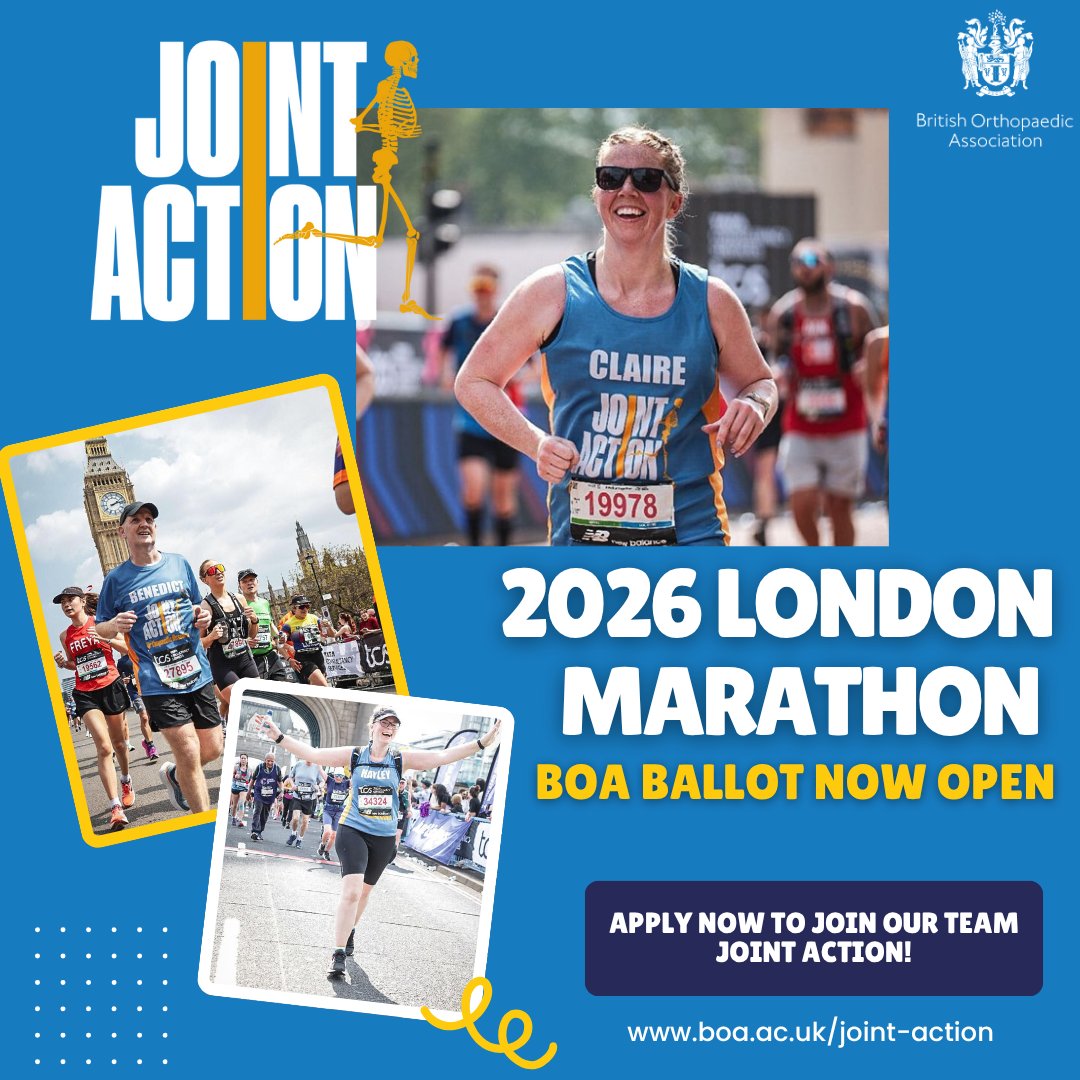 BritOrthopaedic's tweet photo. Entered the 2026 #LondonMarathon ballot? Results are out soon!
If you get a place, why not run with #TeamJointAction and help fund life-changing research into MSK conditions. @LondonMarathon #MSKresearch
Make every mile matter 👉 https://t.co/mAaViyCStY https://t.co/P5nBc8D229