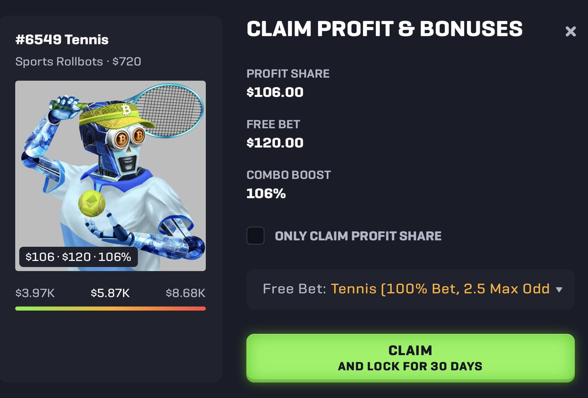 MikeyyCrypto's tweet image. Todays @Rollbit Sports Bot claim

Profit share: $106
Free bet: $120

Gotta love tennis bots, has to be the most consistent profit share all year round 🤑