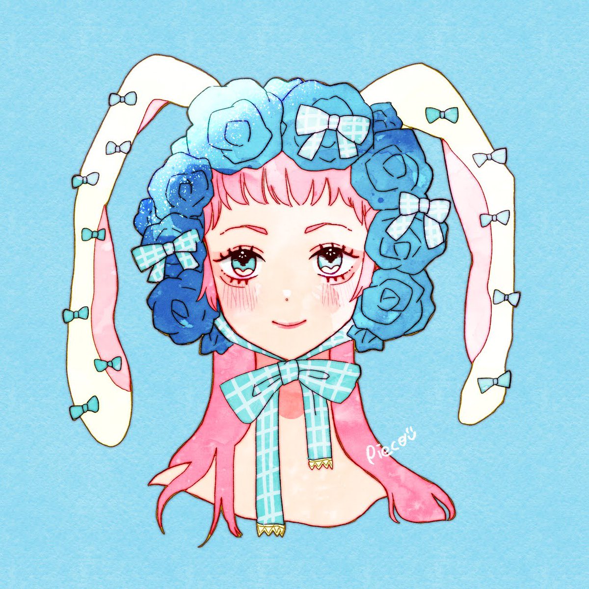 青い薔薇とリボンのヘッドドレスに、ウサギの耳🐰💙 ちょっぴり夢の国みたいな女の子、描きました.｡◦♡
#イラスト #illustration #可愛いイラスト #ガーリーイラスト #うさ耳 #ヘッドドレス