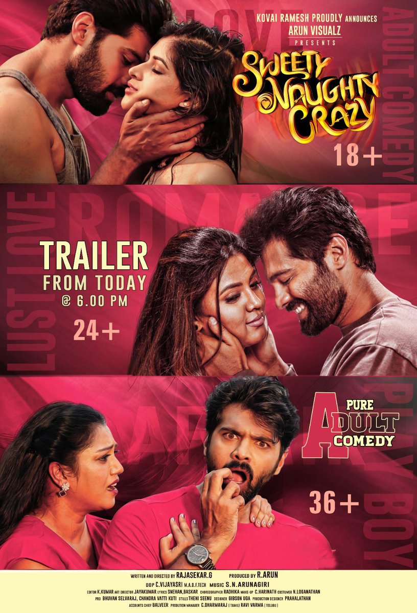 Arun Visualz (@arunvisualz) on Twitter photo Adult comedy entertainer #SweetyNaughtyCrazy Trailer from Today @ 6 PM.
PURE ADULT COMEDY 🔞
Directed by #RajasekarG
<a href="/ArunEventsOffl/">ArunEvents</a> @Thrigun_Actor <a href="/IamIneya/">Ineya</a>Â <a href="/ProBhuvan/">Pro.Bhuvan Selvaraj</a> Adult comedy entertainer #SweetyNaughtyCrazy Trailer from Today @ 6 PM.
PURE ADULT COMEDY 🔞
Directed by #RajasekarG
<a href="/ArunEventsOffl/">ArunEvents</a> @Thrigun_Actor <a href="/IamIneya/">Ineya</a>Â <a href="/ProBhuvan/">Pro.Bhuvan Selvaraj</a>
