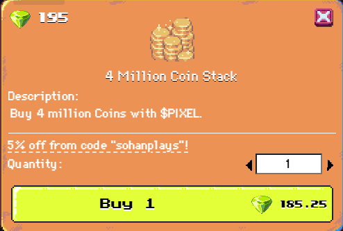 sohan__ah's tweet photo. Use code "sohanplays" &amp; get 5% OFF on coins &amp; QS!
💰 Coins:
500K – 30 Pixel → 28.5 Pixel
1M – 56 Pixel → 53.2 Pixel
5M – 195 Pixel → 185.25 Pixel
⚔️ QS:
60 – 9 Pixel → 8.55 Pixel
146 – 23 Pixel → 21.85 Pixel
1440 – 145 Pixel → 137.75 Pixel
Save Pixel !
#PixelCreator https://t.co/GtPpUhzyOc