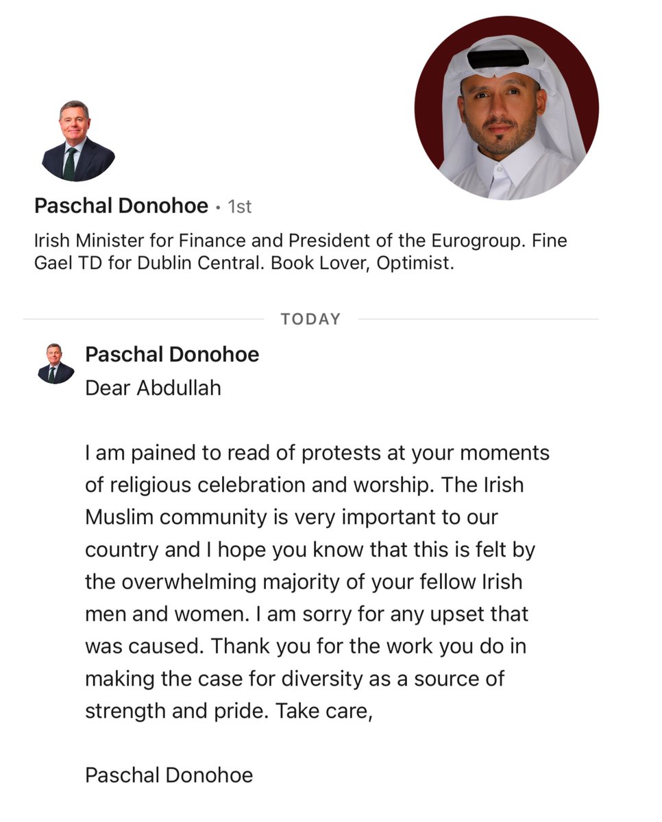 After sharing my thoughts on what Eid at Croke Park represents for so many Irish Muslims, a moment of identity, faith and belonging, I was deeply moved to receive a personal message from Ireland’s Minister for Finance.