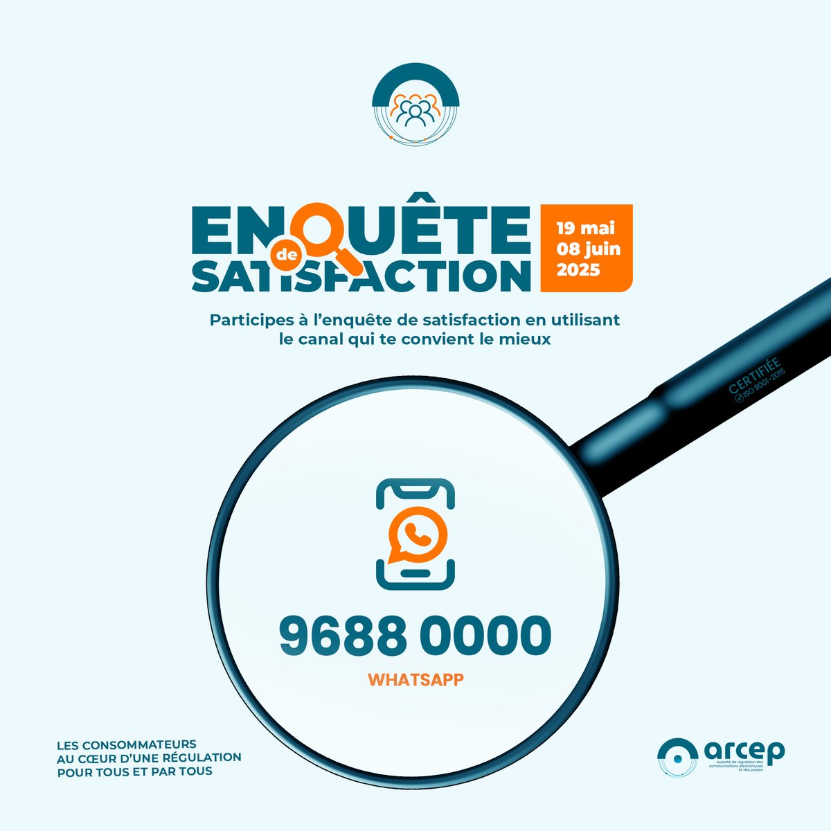 Ton avis compte !
Tu peux encore participer à l'enquête de satisfaction en nous écrivant via WhatsApp au 96880000.
À ton clavier!
#enquêtedesatisfaction #régulationparladonnée #ArcepTogo