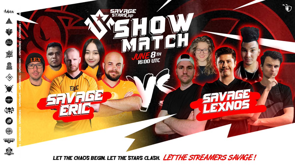 ⚡️🔥 THE ULTIMATE STREAMER WAR IS COMING! 🔥⚡️
Forget pro teams — this time, your favorite streamers step into the Savage Stars Cup arena for a battle of LEGENDS! 💥

👑 Team Savage Eric 🆚 Team Savage Lexnos 👑
Five stars on each side. One winner. Infinite bragging rights.

📅