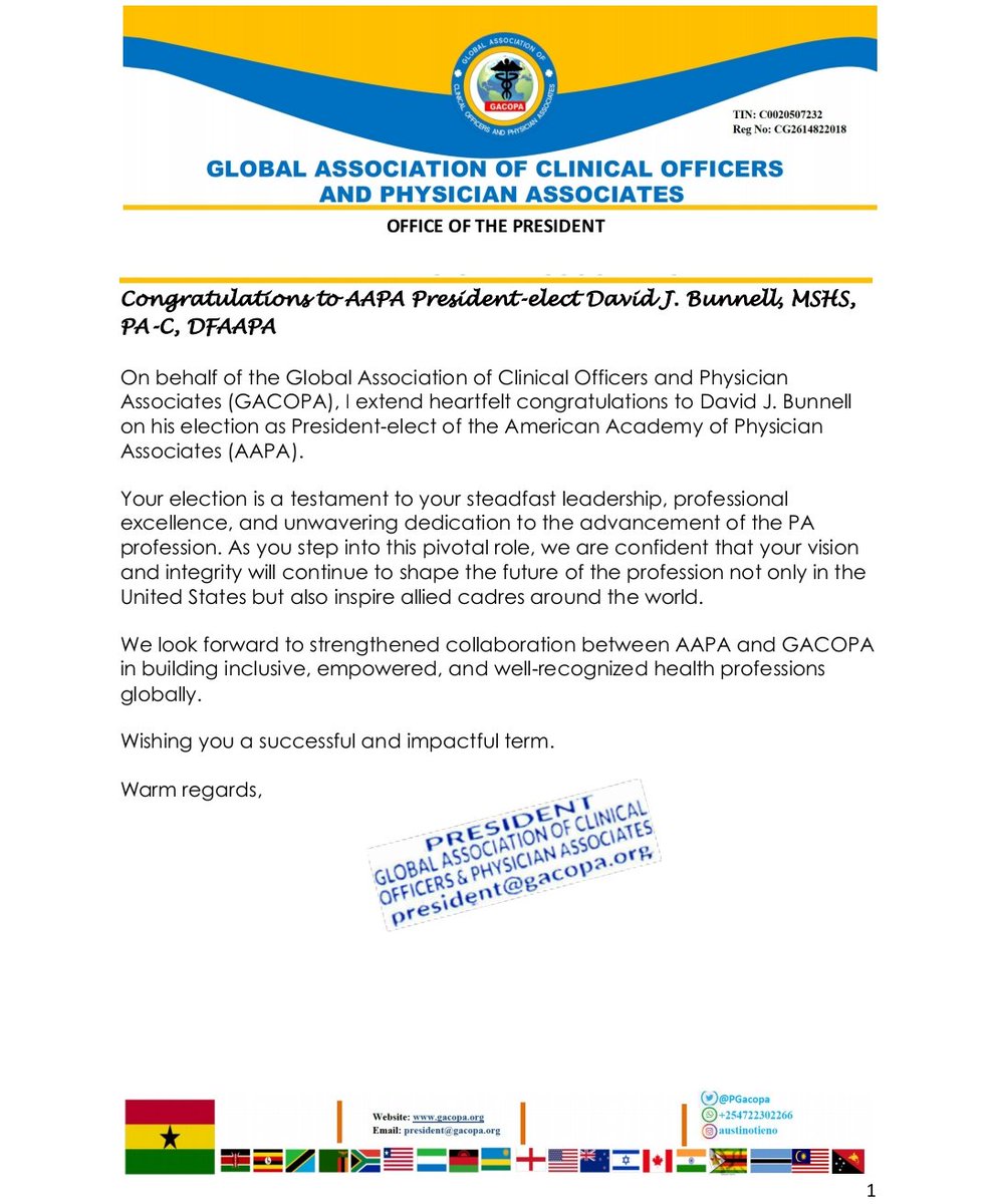 GACOPA (@gacopa_official) on Twitter photo Congratulations to the newly elected President of the <a href="/AAPAorg/">American Academy of Physician Associates</a> Congratulations to the newly elected President of the <a href="/AAPAorg/">American Academy of Physician Associates</a>