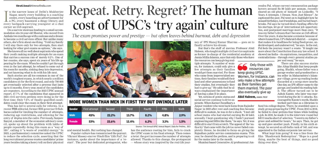 This timely article dismantles the romanticized myth of the UPSC journey often glorified by films and popular culture. 

It exposes the harsh realities masked behind the ‘try again’ narrative—rising coaching costs, intense psychological pressure, and the absence of alternatives.
