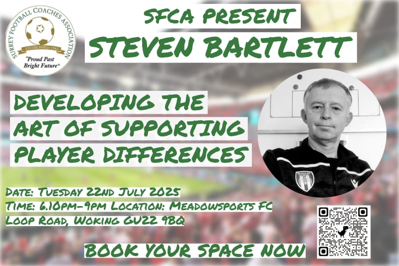 sfca1965's tweet photo. 🎯 How do you coach mixed-ability players? Join us Tuesday 22nd July for a session with Steven Bartlett (Colchester Utd, FA Coach Developer) as he shares strategies on managing player differences.
📍 Meadowsports FC, Woking
🕡 6.10–9.00pm
🔗 SFCA members: https://t.co/86YqpmhBZk https://t.co/oTAiOCqRqX