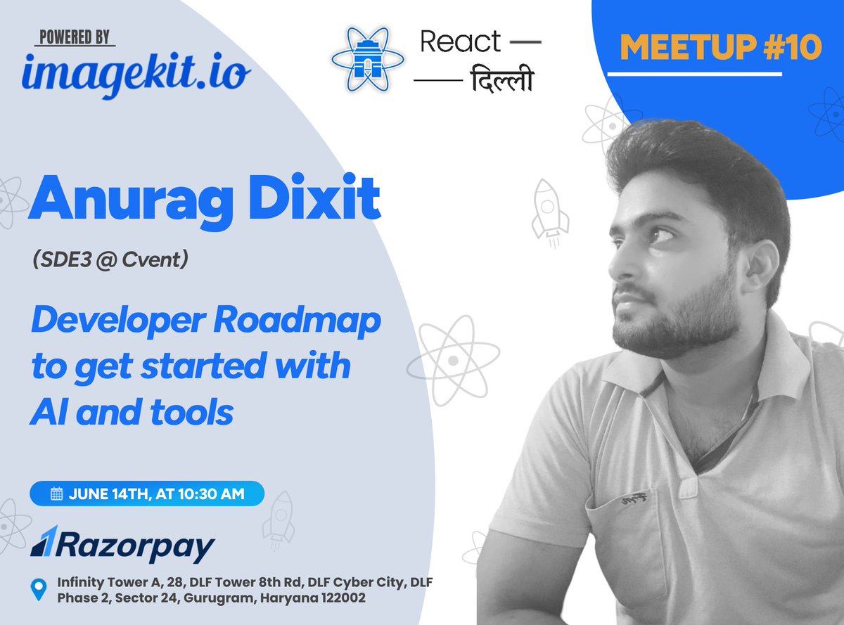 reactdelhi's tweet image. Feeling lost in the AI noise? 😵‍💫

Anurag Dixit (SDE3 @ Cvent) is here with a dev-focused AI roadmap — no hype, just the tools and path to get started 🛠️🧠

#ReactDelhi #AIforDevelopers #ReactJS #DevTools #WebDev