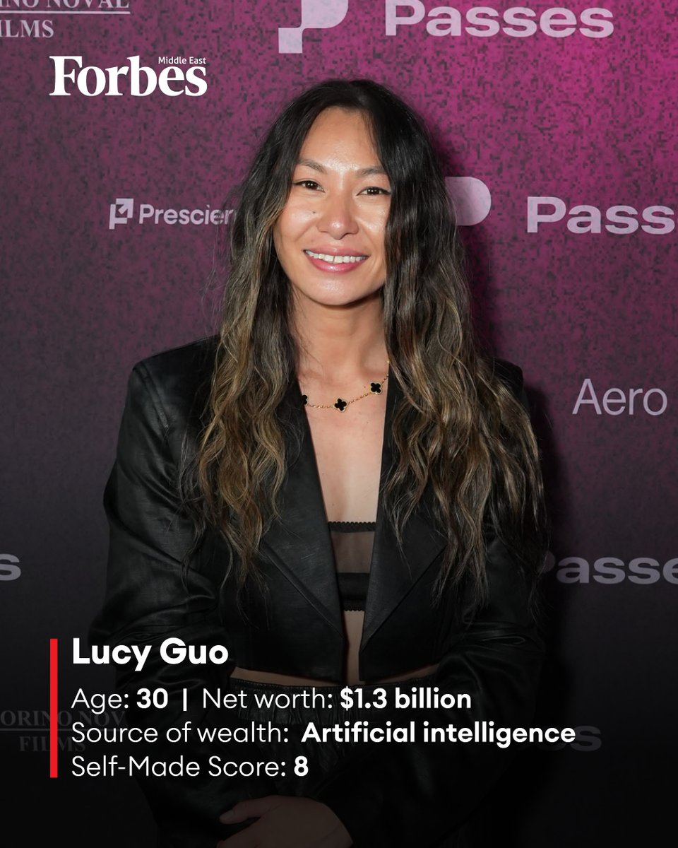 Lucy Guo Age: 30 Net worth: $1.3 billion Source of wealth: Artificial  intelligence Self-Made Score: 8