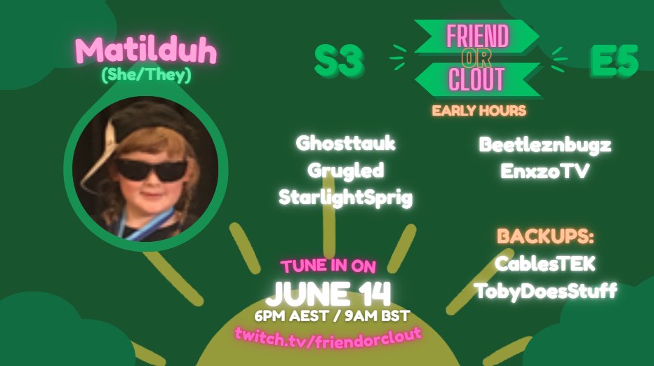 FriendOrClout's tweet photo. ANOTHER ONE????

THATS RIGHT! FOC early hours will OPEN our stream on saturday, where these wonderful contestants will fight for the friendship of matilduh !!

join us at 6PM AEST / 9AM BST on JUNE 14TH for the show!! https://t.co/TUJ7EStYnd