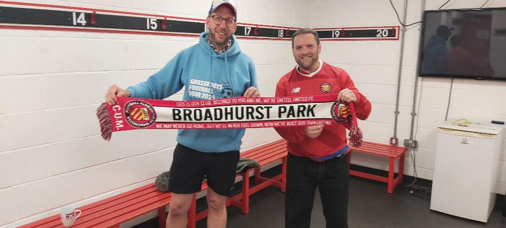 Respect to <a href="/GregBroadhurst/">Greg Broadhurst</a> MND campaigner for opening up <a href="/FCUnitedMcr/">FC United of Manchester 🟥⬜⬛</a> so we could have a brew and freshen up ahead of our last leg of the #grassrootsfootball tour raising funds for <a href="/DarbyRimmerMND/">Darby Rimmer MND Foundation</a> back to <a href="/OssettUnited/">Ossett United FC</a> 

#AttackMND
#StrongerTogether
(Greg pls Thank Mark)🙏