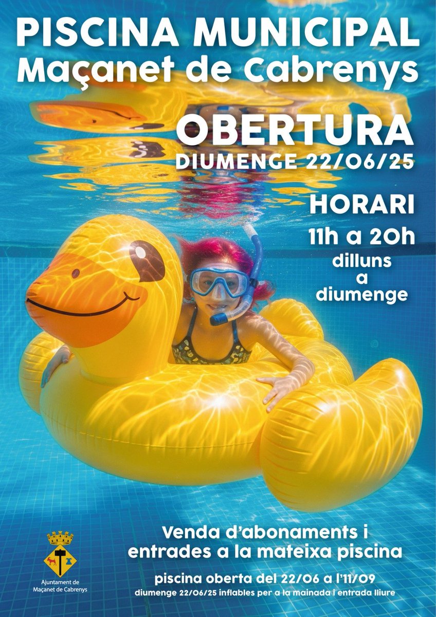 🌞 Obertura de la piscina municipal 🐳

📆 Diumenge 22 de juny.

🔝 L'entrada el primer dia és lliure, i hi haurà també inflables per a la mainada! 

🕚 Horari d'11 h a 20 h, de dilluns a diumenge, fins l'11 de setembre.

Fins aleshores!
