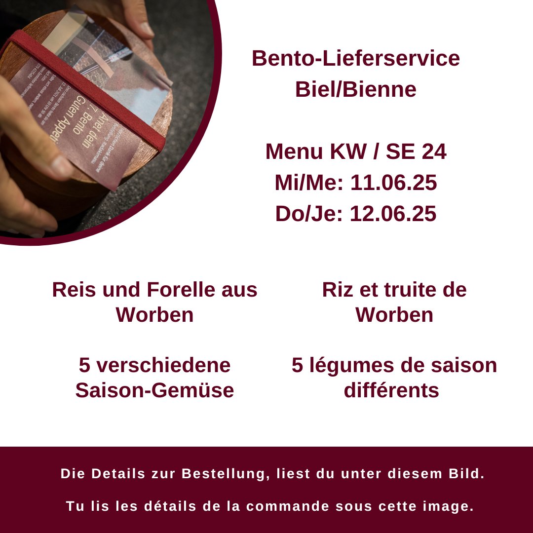 Unser Menu für Biel/Bienne vom Mi, 11. + Do, 12.06.25. 
Wir bereiten es auch vegetarisch oder mit Poulet zu. 

bentobox-lieferservice.ch

Notre menu pour Biel/Bienne du me 11 + je 12.06.25. 
Nous le préparons aussi végétarien ou avec du poulet.

#bento  #biel #bienne #bielbienne