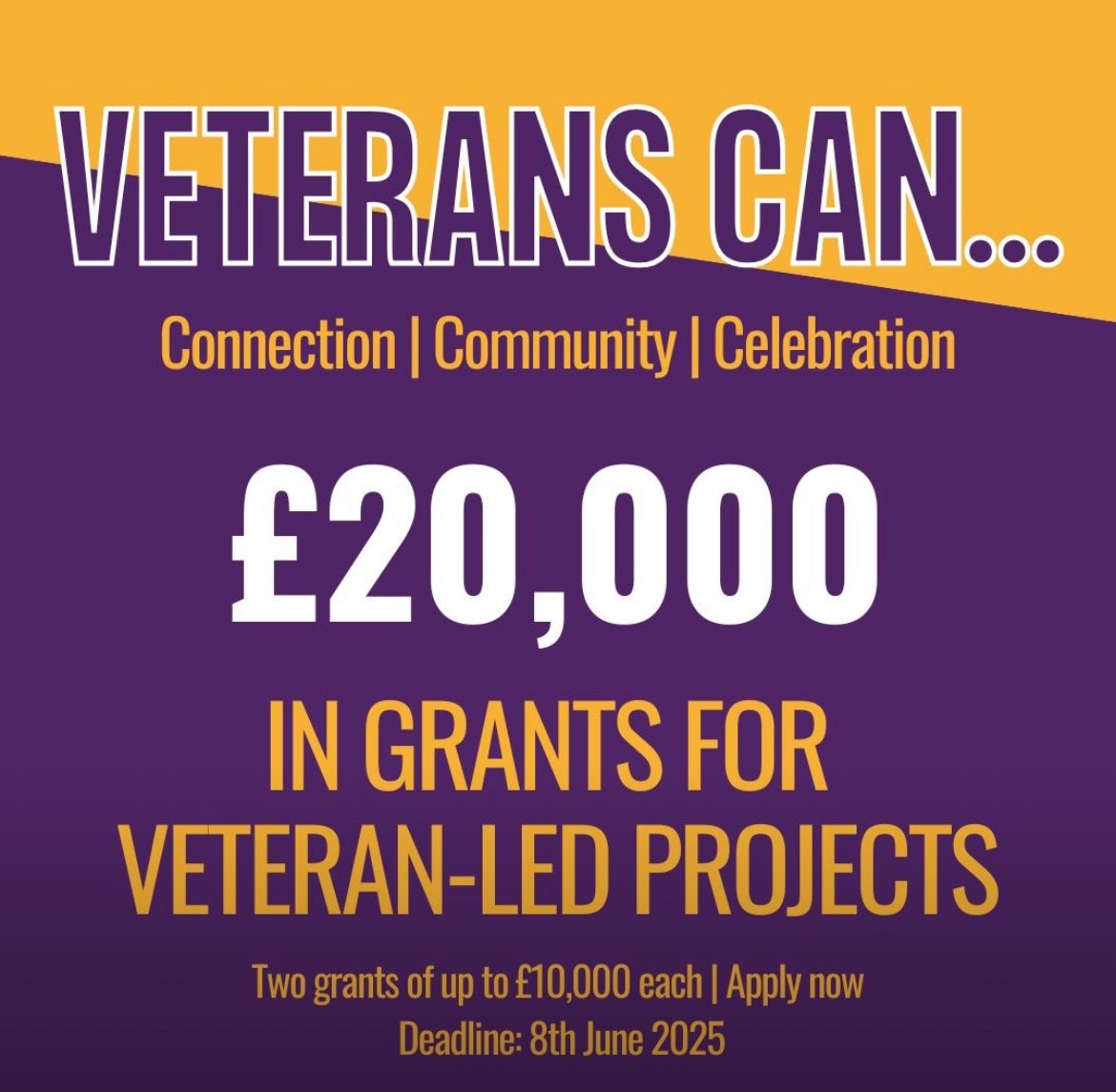 Are you a Veteran looking to start your own business or take a start-up to the next level?
Would a £10k Veterans Can... Deliver grant help you remove some barriers to doing good?
If so, please consider applying - today!
It’s a great opportunity.

Follow the link in the comments.