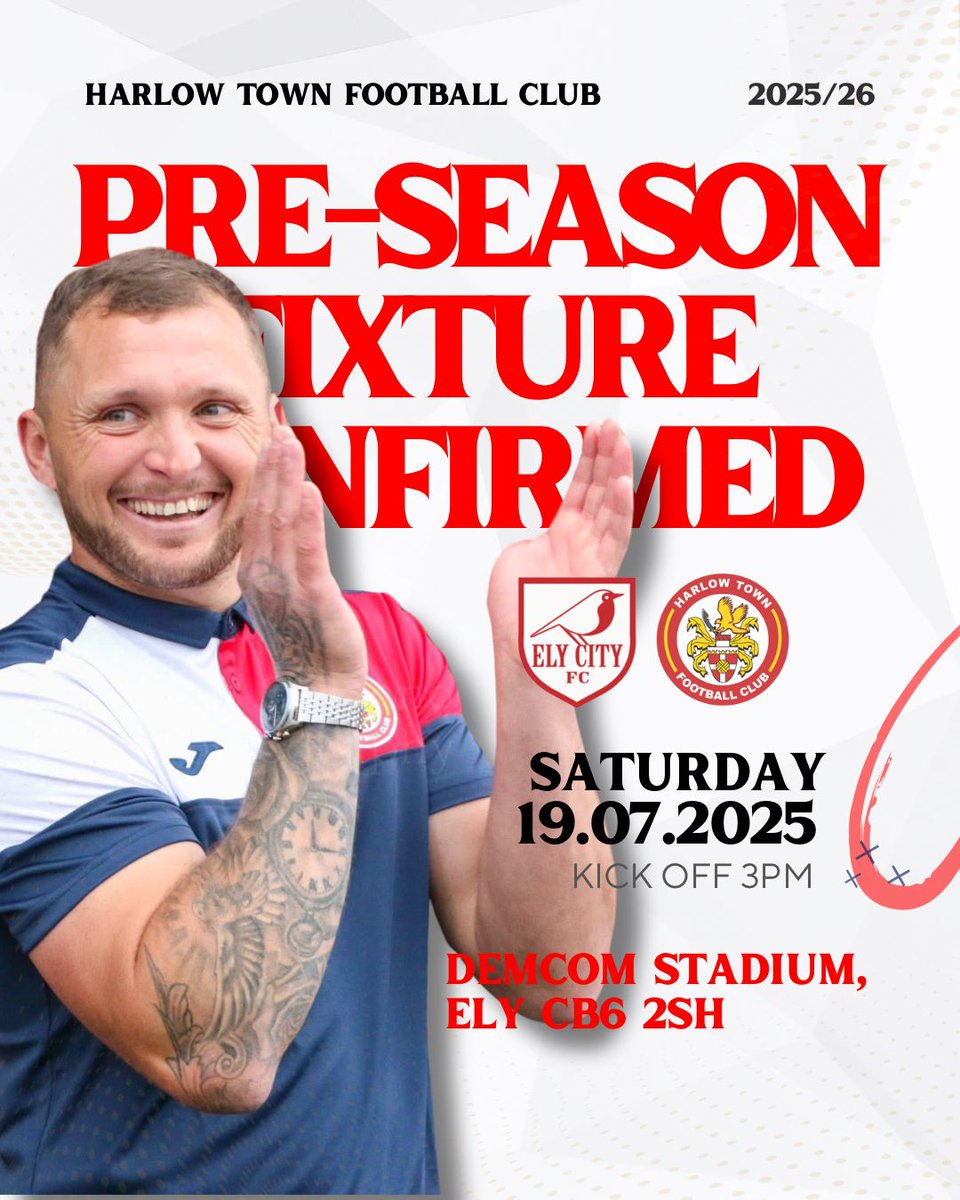PRE-SEASON FIXTURE CONFIRMED 🔴⚪️
• Ely City vs Harlow Town
• Saturday 19th July 2025
• 3PM KICK OFF
• Demcom Stadium, Ely CB6 2SH

Get down and support the Hawks! Away days!

📸 Kelsi O’Connor

#Hawks #HarlowAreMassive #PreSeason2014
