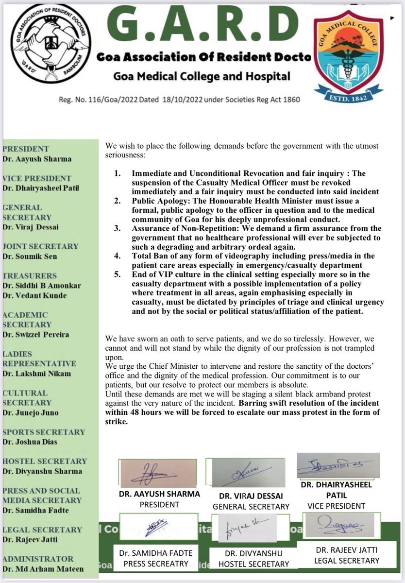 Indian Doctor🇮🇳 (@indian__doctor) on Twitter photo 48 hour ultimatum!!
Resident doctors in Goa have issued a 48-hour ultimatum to Health Minister Vishwajit Rane, threatening to go on an indefinite strike if their demands aren't met....
#MedTwitter <a href="/DrPramodPSawant/">Dr. Pramod Sawant</a> <a href="/PMOIndia/">PMO India</a> <a href="/narendramodi/">Narendra Modi</a> <a href="/BJP4India/">BJP</a> 48 hour ultimatum!!
Resident doctors in Goa have issued a 48-hour ultimatum to Health Minister Vishwajit Rane, threatening to go on an indefinite strike if their demands aren't met....
#MedTwitter <a href="/DrPramodPSawant/">Dr. Pramod Sawant</a> <a href="/PMOIndia/">PMO India</a> <a href="/narendramodi/">Narendra Modi</a> <a href="/BJP4India/">BJP</a>