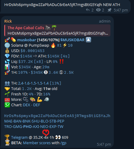 Degen2damoon's tweet photo. 4x Call from @TheApeCabal on TG!
Solid chad CTO $MUSKOBAR!
HrDsMs6pmyx8gw2ZaPbADuC6rEeA5jR7mgsBtiG5YaJh
#TheApeCabal #alpha #memealpha #memecoin https://t.co/VRmsOkohIk
