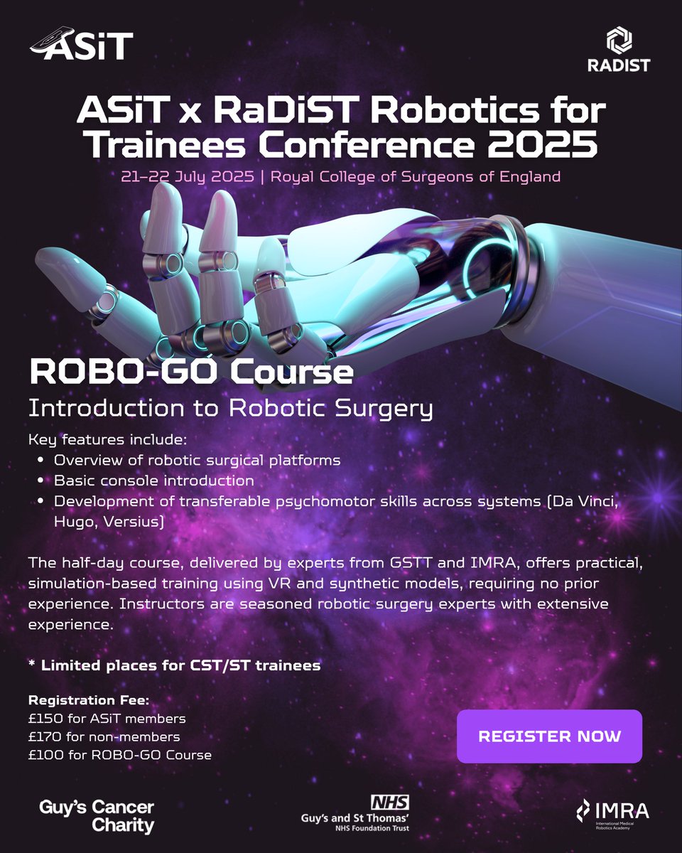 Thinking about a future in #robotic #surgery?

Start your journey with ROBO-GO - a hands-on, platform agnostic course for CST &amp; ST trainees! 

✅ Intro to console &amp; core skills
🤖 Multi-platform (Da Vinci, Hugo, Versius)
🧠 VR + synthetic model training
👨‍⚕️ Taught by expert