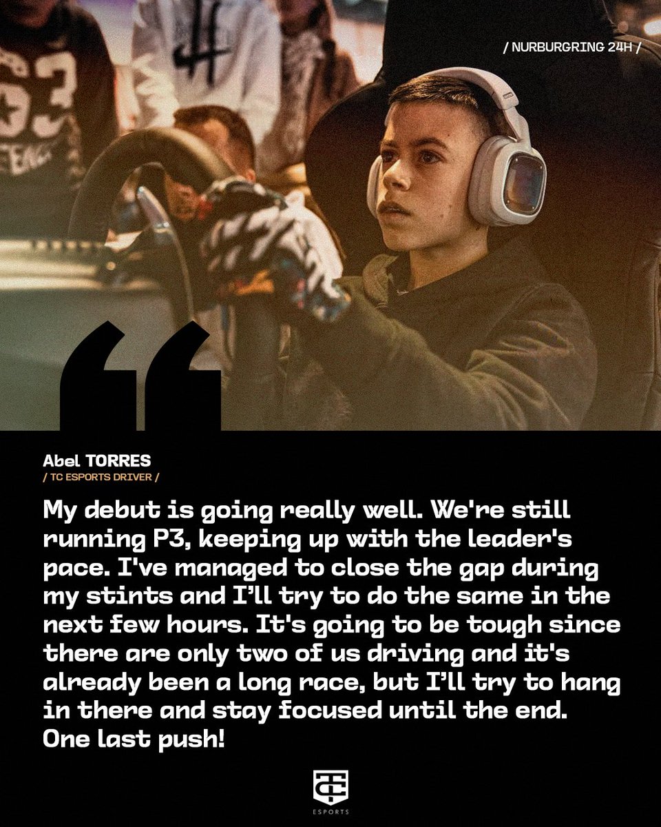 TC Esports (@thibautesports) on Twitter photo 👊🏼 Our rising star <a href="/Abeltc10/">Abel Torres</a> shared his thoughts with us after 20 hours of racing in what could be a dream debut with TC Esports.
Currently running P3 (Top Split) with <a href="/AgustinCanapino/">Agustín Canapino 🇦🇷</a> in the GT4 class, almost 4H to go on the Green Hell. Let's go🔥
#TCEsports #TCRacing #iRacing 👊🏼 Our rising star <a href="/Abeltc10/">Abel Torres</a> shared his thoughts with us after 20 hours of racing in what could be a dream debut with TC Esports.
Currently running P3 (Top Split) with <a href="/AgustinCanapino/">Agustín Canapino 🇦🇷</a> in the GT4 class, almost 4H to go on the Green Hell. Let's go🔥
#TCEsports #TCRacing #iRacing