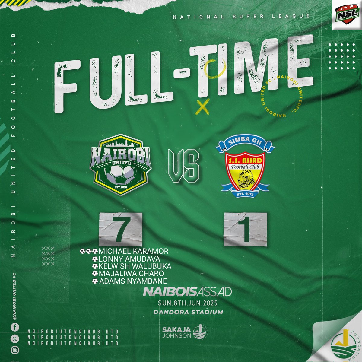 FT:- NaiBois 7-1 SS Assad FC 

⚽⚽⚽ Michael Karamor 
          ⚽ Lonny Amudava 
          ⚽ Kelwish Walubuka
          ⚽ Majaliwa Charo 
          ⚽ Adams Nyambane 

Job welldone 👏👏

#lazimaiwork 
#WeAreNairobiUnited 
#NaiBois 
#NaiGeng
