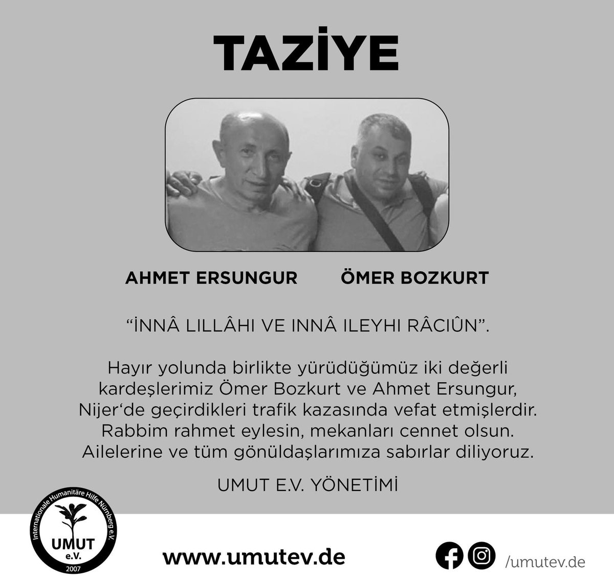Nijer’de kurban dağıtımı yolunda geçirdikleri bir trafik kazasında insani yardım gönüllüleri Ahmet Ersungur ve Ömer Bozkurt vefat etti