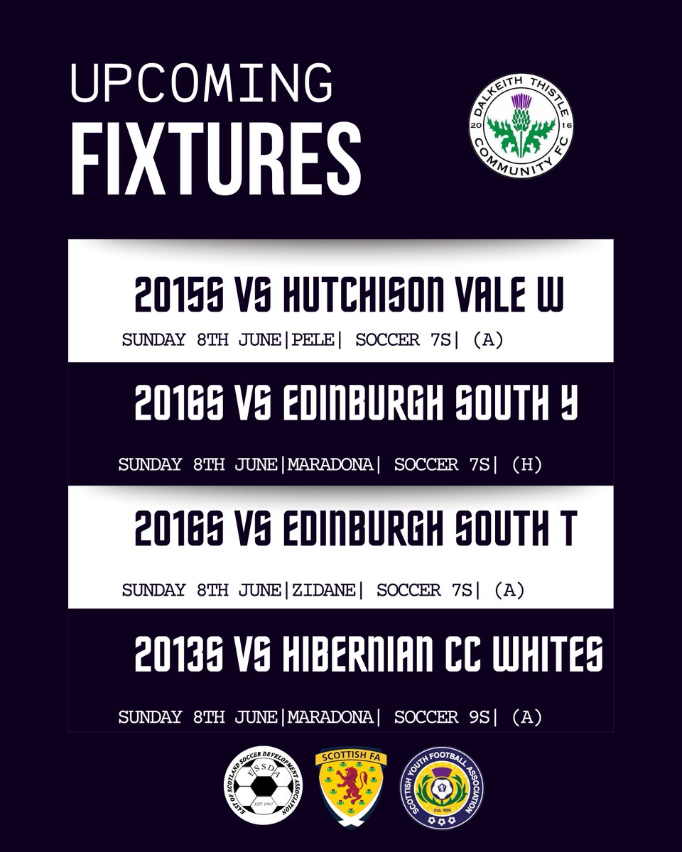 DalkeithCFC's tweet image. ⚫️⚪️ Another Sunday full of football for our @ESSDAfootball @ScottishYouthFA teams!

Best of luck to all our young players and coaches — enjoy the matches and play with a smile! ⚽️

#DalkeithThistle #ESSDA