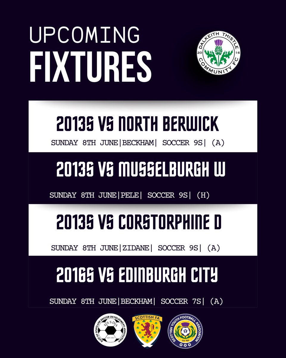 DalkeithCFC's tweet image. ⚫️⚪️ Another Sunday full of football for our @ESSDAfootball @ScottishYouthFA teams!

Best of luck to all our young players and coaches — enjoy the matches and play with a smile! ⚽️

#DalkeithThistle #ESSDA